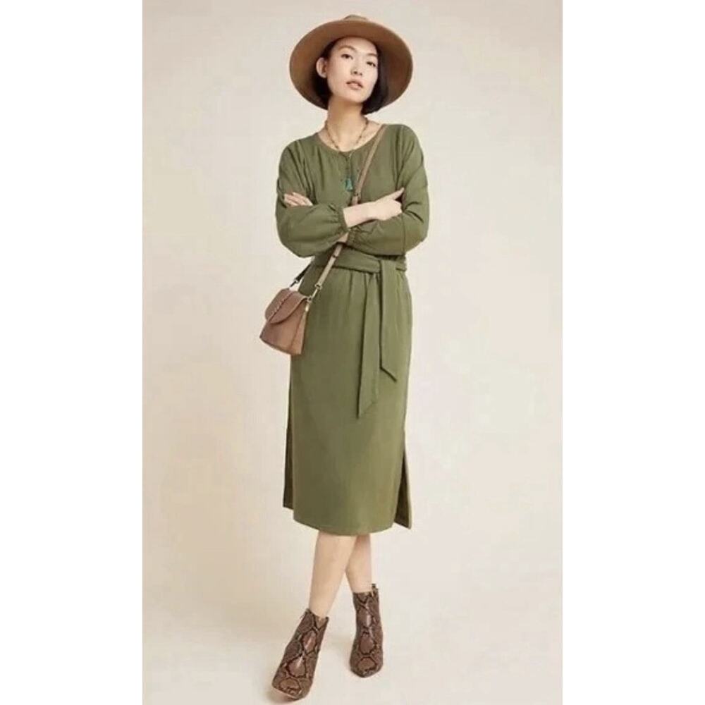 Anthropologie Thalia Dress Small Moss Green Belt Waist Lagenlook Midi Dolman Slc